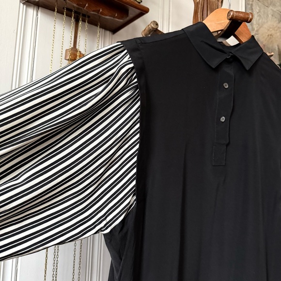 Vintage Silk Striped Balloon Sleeve Black Midi Dress - Picture 5 of 10
